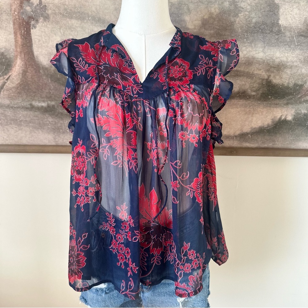 Lucky Brand Navy and Red Floral Blouse